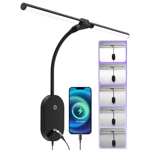 LED Wall Mounted Reading Light for Bed, 2 Heads Ultra Long Book Lights with USB Output, Wall Reading Lamps with Bright 5 Dimmable Touch Control,4 Hour Auto Off in 360°Gooseneck Headboard Bed