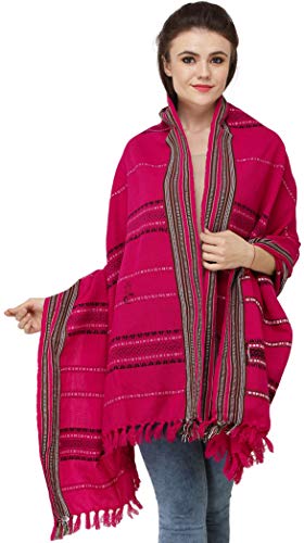 Shawl from Nagaland with Woven Border and Thread Weave - Pure Wool