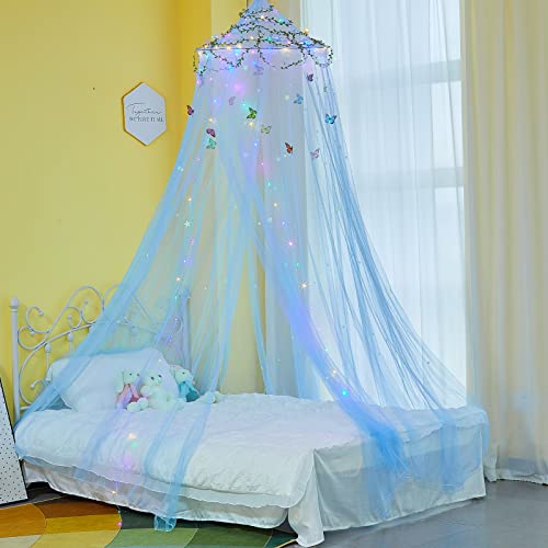 Fiobee Bed Canopy For Girls Room Bed Canopy Curtains With Led Lights Mosquito Net Diy Princess Room Décor With Flower Stars Butterflies For Kids Bedroom, Blue #TOP13