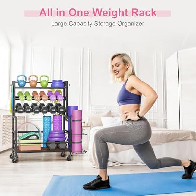 Snughome Dumbbell Rack, Adjustable Weight Rack for Dumbbells, Home Gym Storage Rack for Dumbbell, Kettlebells, Foam Roller and Yoga Mat, All in One Workout Equipment Storage with Wheels and Hooks