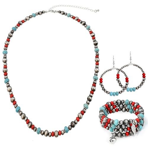 JMScape 4 PCS Western Turquoise Jewelry for Women Boho Vintage Navajo Pearl Necklace Earring Bracelet Ring Set Country Cowgirl Accessories for Gift (D-Blue（No Ring）)