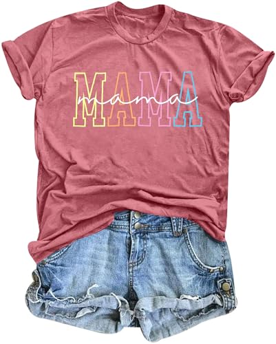Mama Shirts for Women Mama Letters Print T Shirt Funny Mom Graphic Tees Shirt Casual Mothers Gift Top Pink