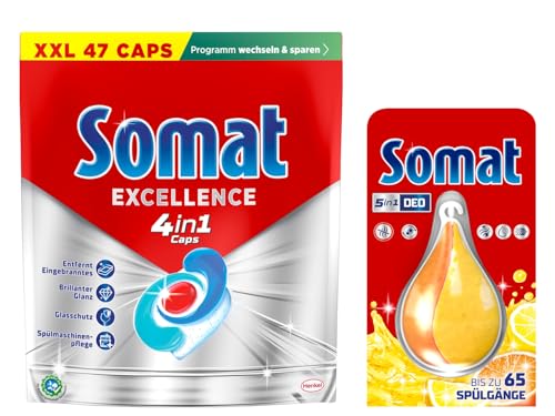 Somat 4in1 Caps 47 AW Excellence, schnellauflösende Spülmaschinentabs, Somat Caps für exzellente Reinigung + 5in1 Additive Deo Perls 60 AW Zitrone & Orange Duft 17g