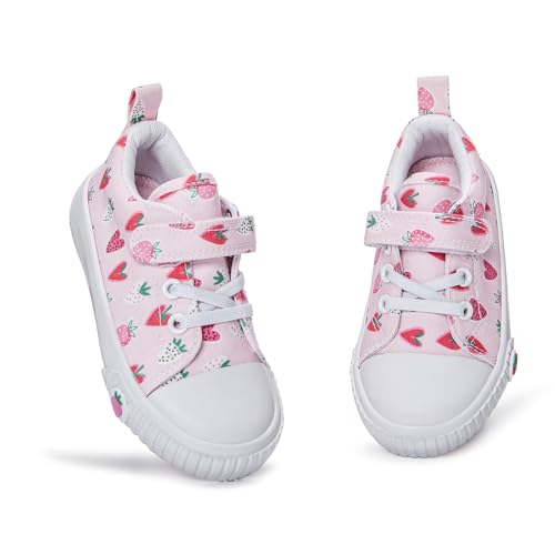 waddle wonder Strawberry Print Toddler Shoes for Girls, Canvas Casual Baby Sneakers, Non-Slip Rubber Sole, Educational Left-Right Design Pink Size 6-10