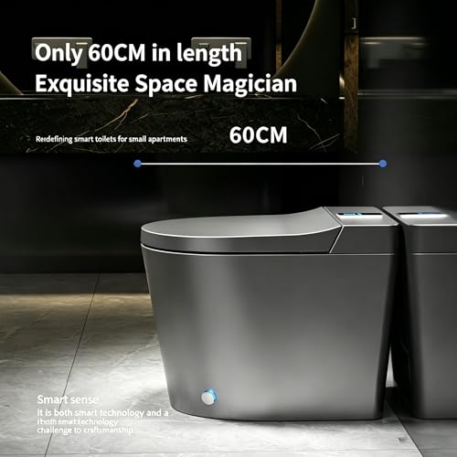 Inodoro inteligente compacto gris de 60 cm para baños pequeños con tapa automática, asiento calefactable, sensor de pie, escudo de espuma, descarga automática, limpieza UV y secado cálido, 110V miniatura 3