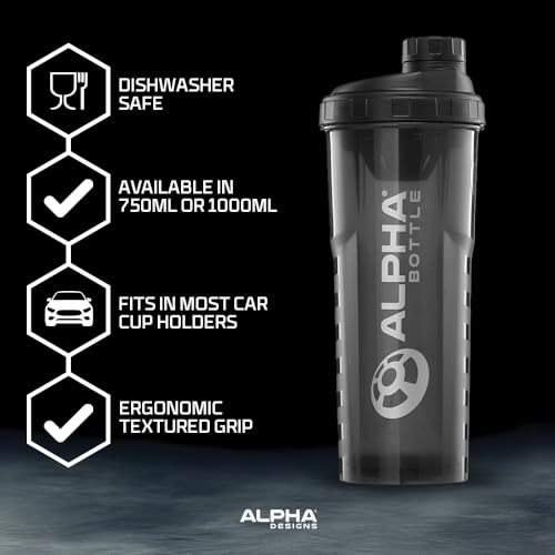 Alpha Designs Protein Shaker Bottle 1L - 1000ml Gym Bottle for Protein Shakes - Leakproof Screw Cap - Black