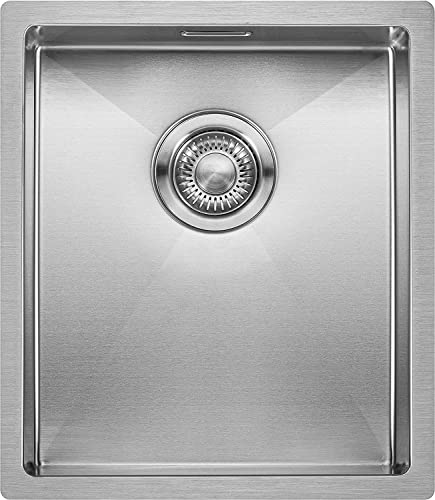 Évier de Cuisine Inox Mizzo Quadro 34-40 | Cuve en Inox 1.2mm Épais | Simple Bassin Acier Inoxydable satiné | Meuble de 40 cm | Angles droits (R 0mm) | Montage à Encastrer, à Fleur ou Sous Plan
