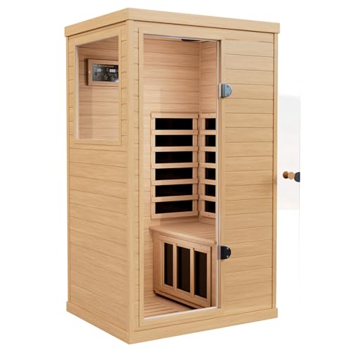 LTCCDSS Infrared Sauna, 1 Person Far Infrared Sauna for Home, with 1050W Indoor Sauna, Low EMF Heaters, 2 Bluetooth Speakers, 1 LED Reading Lamp Hemlock Wood Sauna Room Left Door