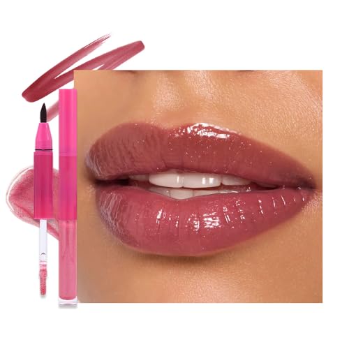 Image of evpct ‌Mauve Matte Liquid Lipstick Marker Pen Lip Liner Set with Lip Oil, Shine Finish, 2 in 1 Lipgloss Lipstick Long Lasting Waterproof for Women, Lips Color Stain 24hr Original Smudge Proof
