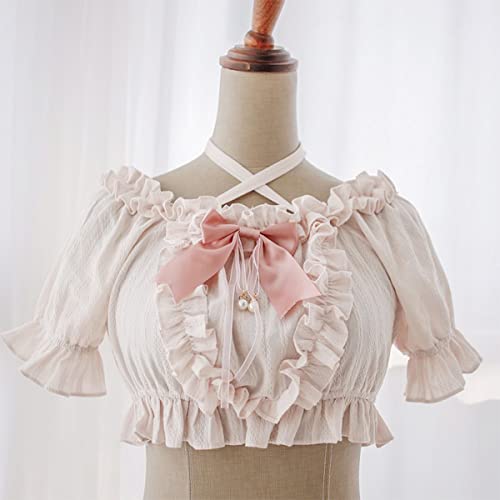 Sweet Lolita Puff Short Sleeve Blouse Teen Girls Japanese Gothic Ruffle Halter Neck Soft Crop Top with Bow2