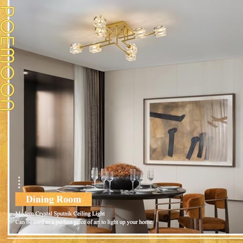 Image of 8-Light Gold Sputnik Chandeliers Modern Crystal Semi Flush Mount Ceiling Light Fixture L 31.5 inch Industrial Chandelier for Living Room Dining Room Foyer Entryway Kitchen Bedroom