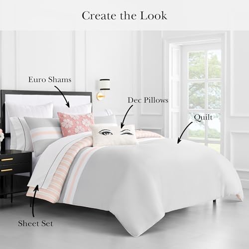 Image of kate spade new york Engineered Stripe 3-Piece King Comforter Set, 300 Thread Count and 100% Cotton Reversible Cover, All Season Warmth Bedding, Machine Washable, Pink and Grey