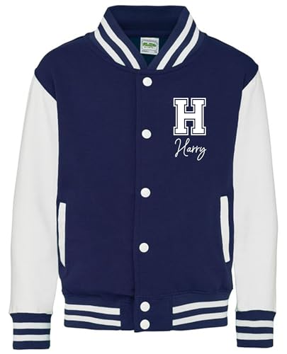 Daytripper Personalised Kids Varsity Jacket, Custom Initial & Name, Girls and Boys, Baseball Jacket, Children's, Unisex, Hoodie, Coat (UK, Age, 12 Years, 13 Years, Regular, NAVY)