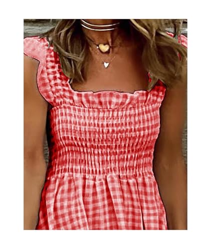 Image of SOMTHRON Women's Square Neck Plaid Smocked Dress Ruffle Sleeveless Tiered Flowy A-Line Checkered Maxi Long Dress
