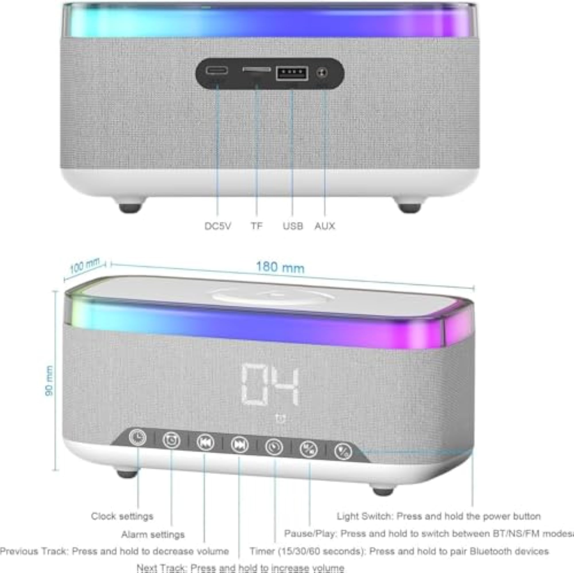 Bluetooth Speaker Alarm Clock with RGB Night Light