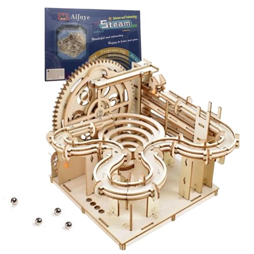 AIJUYE 3D Wooden Puzzles Marble Run Kit for Adults - 159pc 4 Steel Marbles Build Mechanical Maze Model STEM Toy Teens Adults, 4hr Challenge. No Glue Needed, Desk Kinetic Art