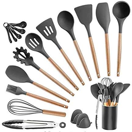 Utensilios de cocina de silicona Herramientas de cocina resistentes al calor, cucharas con mango de madera, juego de utensilios de cocina con