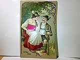 Grüss Gott. Alte, sehr schöne Präge AK farbig, gel. 1908. Mann in Lederhose, Frau im Dirndl auf einer Bank, Schultertuch, Leiberl von Ihr samtartig belegt, Liebespaare, Seltenes.