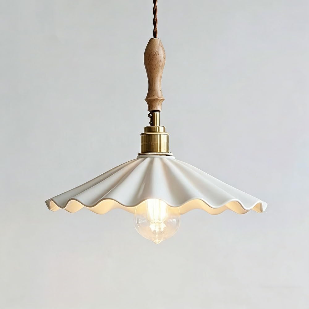 FEITENGDA Japanese Minimalist Ceramic Pendant Light Nordic Wavy Scalloped Shade Chandelier with Wood Accent Modern Farmhouse Hanging Lamp for Kitchen Island Bedroom Entryway