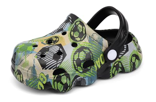 Image of INMINPIN Kids Cute Clogs Cartoon Garden Shoes Boys Girls Slides Slippers Indoor Outdoor Children Water Shower Beach Pool Sandals,Soccer Ball Black,8.5-9.5 Toddler,Kids