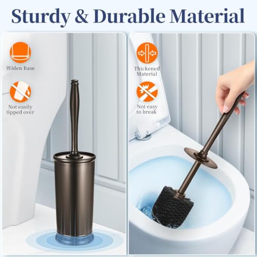 Image of HAMITOR Toilet Bowl Brush Holder Set: Classic Round Bristle Head Deep Cleaning Cleaner Scrubber with Tall Caddy for Restroom - Home Bathroom Decor Accessories - Bronze 3 Pack