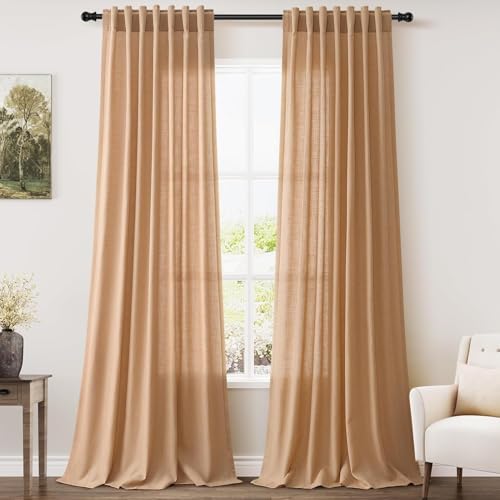 Image of Nanspring Camel Linen Curtains for Living Room 98 Inches Long Back Tab and Rod Pocket Light Filtering Semi Sheer Vintage Rustic Curtain Luxury Boho Decor Drapes for Bedroom Office 52x98, 2 Panels