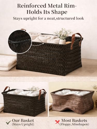 Panovox Hand Woven Baskets for Storage, 4Pcs Water-Resistant Wicker Baskets, Dark Gold Wicker Storage Baskets for Shelves, Large Basket with Handle for Organizing, Laundry, Blanket-Rectangular - Image 5