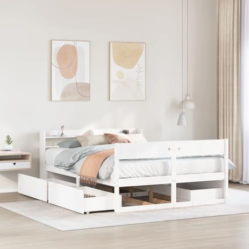 CFODOJ Camas y accesorios, camas y marcos de cama-hogar-marco de cama sin colchón, color blanco, 140 x 200 cm, madera maciza de pino