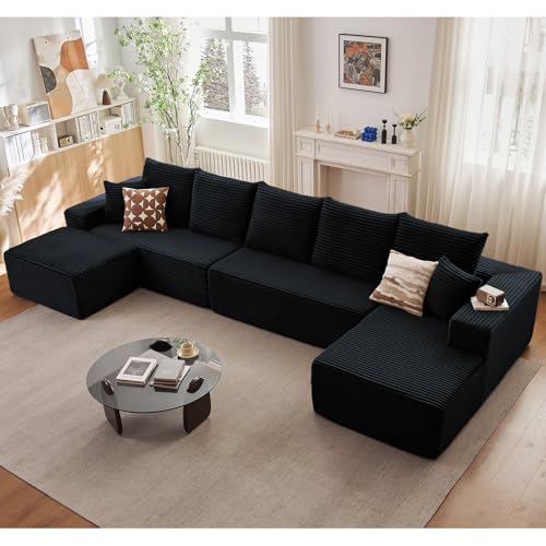Image of Lakifun 166.9 inch U-Shape Cloud Couch, Modern Modular Sectional Comfy L-Shape Sofa with Ottoman, Deep Seat, Upholstered Corduroy Sleeper Chaise Longue for Living Room Bedroom, No Assembly Required, Black