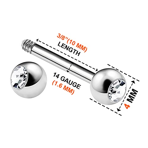 Banavega 2Pcs Surgical Steel Straight Barbell 14 Gauge 3/8''(10Mm) 4Mm Clear Crystal Conch Lobe Earring Cartilage Piercing Jewelry 7979 #TOP1