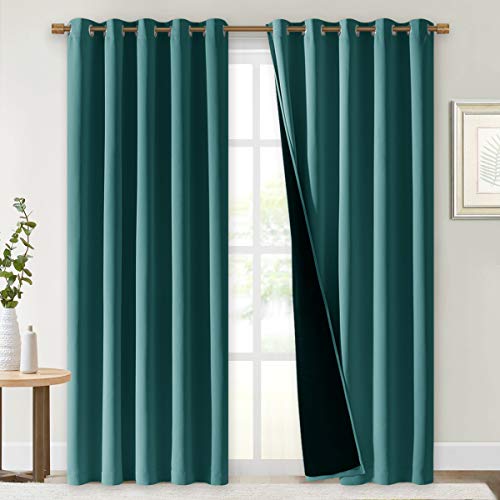 Image of NICETOWN 100% Blackout Window Curtain Panels, Sea Teal, 2 PCs, 62 inch Wide Each Panel, Cold and Full Light Blocking Drapes with Black Liner for Nursery, 84 inches Drop Thermal Insulated Draperies