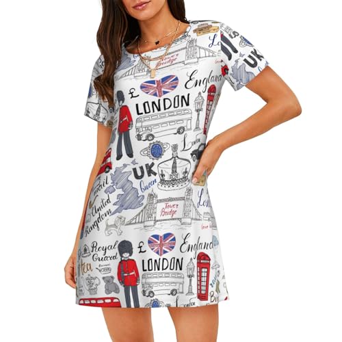 Chemise de nuit légère pour femme avec motif London et manches courtes fluides