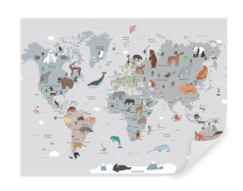 TAPEKO Papel Pintado Infantil 400x280 cm Mapamundi Animales que viven en diferentes países para Niños y Niñas Prémium Interior Papel Pintado Pared u95844