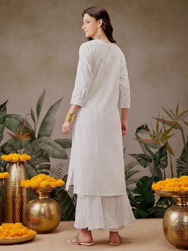 Image of Ada Hand Embroidered Lucknow Chikankari Straight Cotton Kurta Kurti Tunic for Women A411475 White