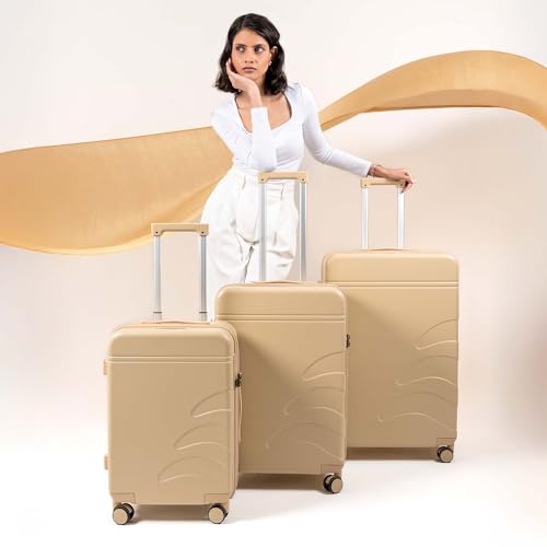 Image of Assembly Trolley Bag Set of 3 with Expandable Design & Silent Wheels, Expandable Polycarbonate Hard Shell Luggage Collection for All Trips, Beige, 20+24+28 Inch