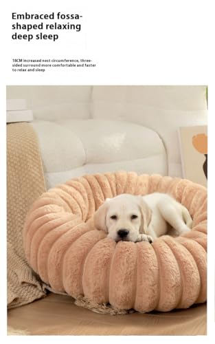 Donut Hundebett für kleine und mittelgroße Hunde, waschbares Kunstfell mit Cord-Fleece und rutschfester Unterseite, rundes Haustierbett mit abnehmbarem Bezug, Beige, L - 80 cm