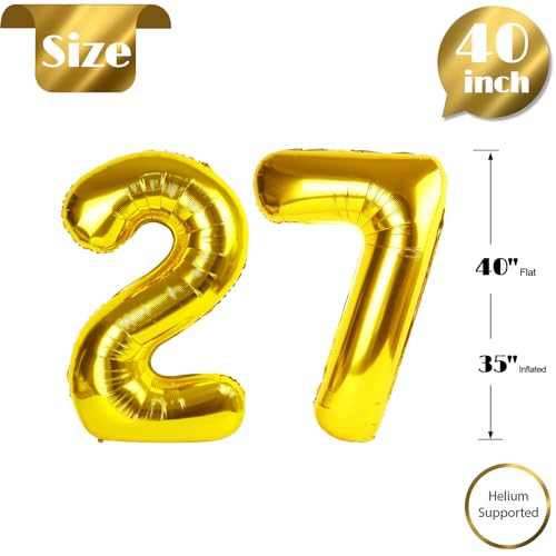 Image of Gold Number 27 Balloon 40 inch, 27 Number Balloons, 27th Gold Birthday Decorations, 27 Year Old Women Men Golden Party Supplies