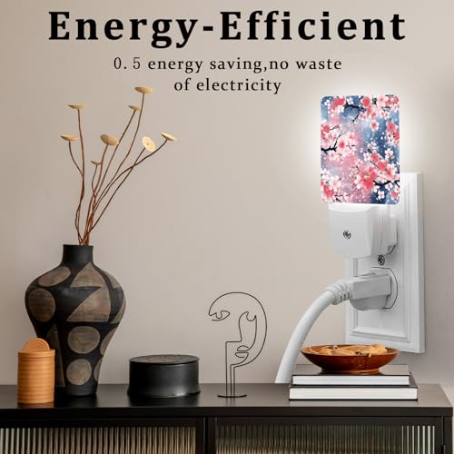 Image of Cherry Blossoom Night Light, Plug-into Wall Winter Floral Nightlight Lamp with Dusk to Dawn Sensor, Led Lamp 0.5W Energy Efficient for Boys Girls Adults Home Decor