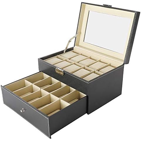 NovelBee Watch Boxes Jewelry Display Cases with Removable Cushions,Framed Glass and Secure Lock for Watch Jewelry Storage (20 Slots) Cover
