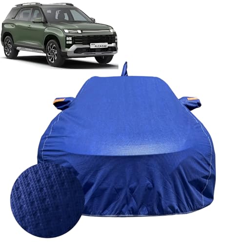 Image of Car Cover Compatible for Hyundai Alcazar (2024-2026) | 100% Waterproof Cover with Reflective Mirror Pockets | Dustproof, Scratchproof, Heatproof Alcazar Car Cover |Soft Cotton Lining| Blue