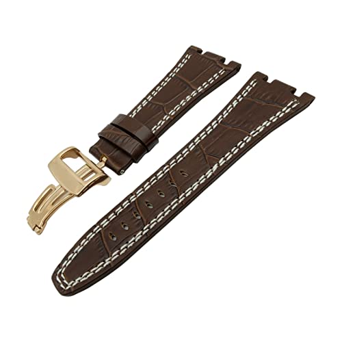 UDBNGOYG CAREG Compatible avec Audemars 28 mm Noir Brown/Rouge Ligne White Ligne Véritable Bracelet en cuir + Fermoir compatible avec Ap Bande de surveillance et outil Durable(Brown Rose gold buck)