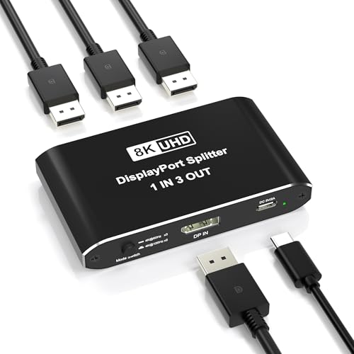 Image of DisplayPort Splitter 1 in 3 Out, Display Port Splitter for Triple Monitors, Supports 8K@60Hz DSC & 4K@120Hz Extended /Mirror Mode, DP 2.1 MST Hub, 3 Monitor Adapter for Laptop, Desktop, Graphics Card