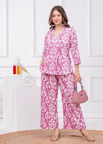 Image of Women's Pure Cotton Co-Ord Set | Three-Quarter Sleeves-Mandarin Collar Top & Palazzos | Printed Casual Wear Co-Ord Set for Women