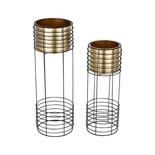 Image of Metal Floor Planter with Stands (Set of 2), Modern Tall Planter for Home Decor, Decorative Plantpot for Living Room Balcony Office, Big Plant Stand with Pots (Plants not Included) (Gold Pot & Black Stand)