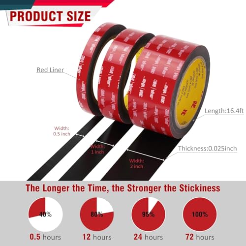 Image of 3M 5925 Double Sided Tape, 1 in x 16.4 ft Heavy Duty Foam Tape, 2 Pack | 0.025 in Black Acrylic Foam, Water-Resistant Bond, for RV, Auto, LED Strips, Metal, Glass, Tile and Wood