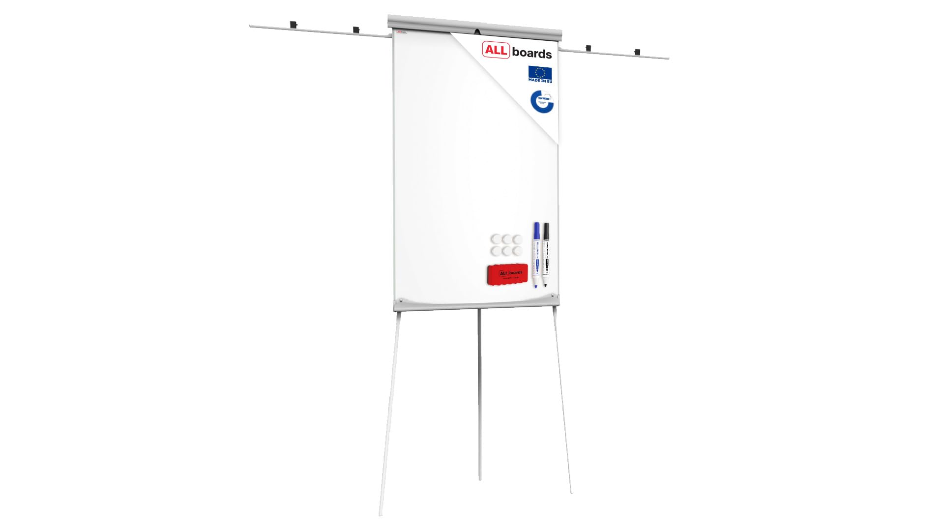 ALLboards Chevalet de Conférence 100x70cm avec Bras Latéraux sur Trépied, Hauteur Réglable, Tableau Blanc Magnétique Effaçable à Sec