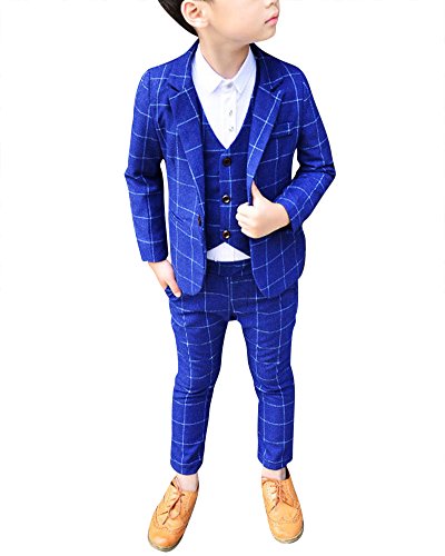 DianShao Bambini Bambino Elegante 3 Pezzi Abito Griglia Set Completo Blazer + Pantaloni + Gilet Blu 120