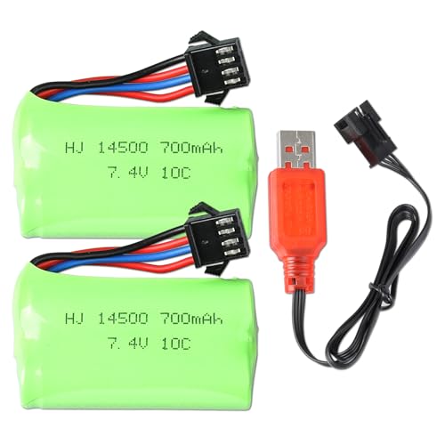 Lot De 2 Batteries RC 7.4V 700mAh 10C SM-4P + Câble USB – Pour Voiture RC, Bateau, Buggy, Camion, Gel Blaster