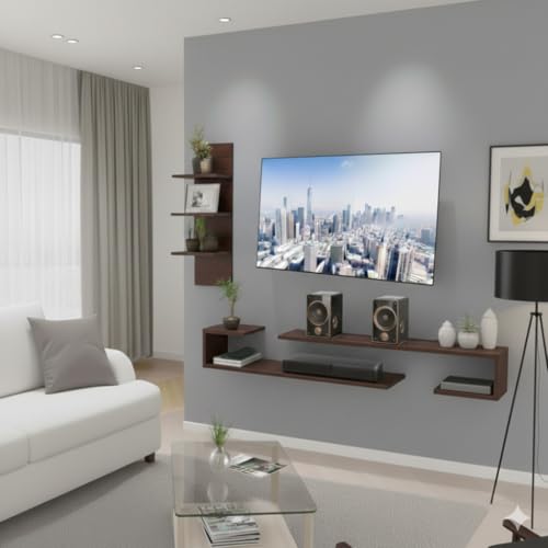 Image of O Style TV Cabinet Floating Shelves for Living Room, Bedroom, Dark Wenge, Suitable for 24 to 42 Inches Smart TV