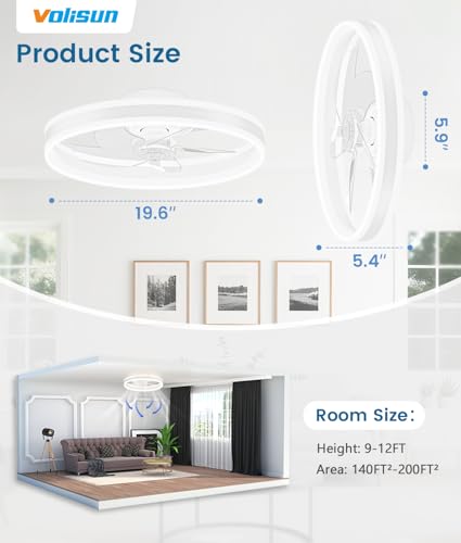 Image of VOLISUN Low Profile Ceiling Fans with Lights and Remote, 20in Flush Mount Ceiling Fans with Light, 3000K-6500K Dimmable Fandelier LED Fan Light, White Bladeless Ceiling Fans with Lights for Bedroom
